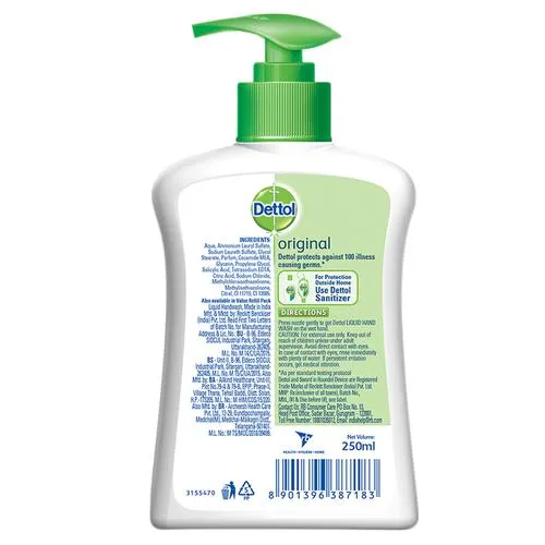 Dettol Liquid Handwash - Original, Alcohol Based, Protects Against 100 Illness Causing Germs, 250 ml Pump