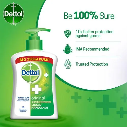 Dettol Liquid Handwash - Original, Alcohol Based, Protects Against 100 Illness Causing Germs, 250 ml Pump