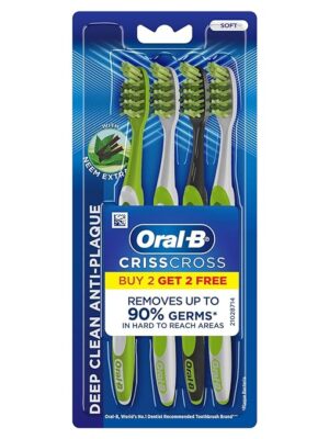 Oral B Criss Cross Toothbrush for adults with Neem Extract, Soft (manual,Green,Buy 2 Get 2 Free)