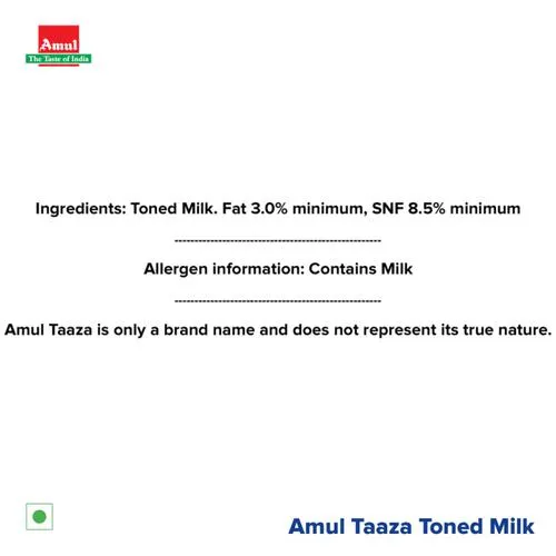 Amul Taaza Homogenised Toned Milk, 1 L Carton