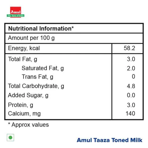 Amul Taaza Homogenised Toned Milk, 1 L Carton