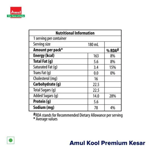Amul Kool Flavoured Milk - Premium Kesar, 180 ml Pet Bottle