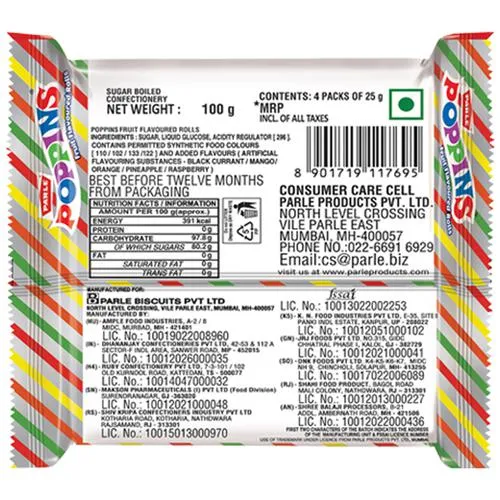 PARLE Poppins Candy - Fruit Flavoured Rolls, Tangy & Crunchy, 100 g