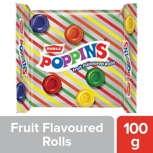 PARLE Poppins Candy - Fruit Flavoured Rolls, Tangy & Crunchy, 100 g