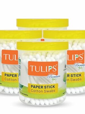 Tulips Premium Paper Stick Cotton Ear Buds (Pack Of 4) 100% Pure & Soft Cotton, 100 Sticks/ 200 Tips Each Pack - White