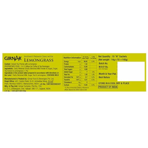Girnar Instant Premix Lemongrass Chai,10 Sachets