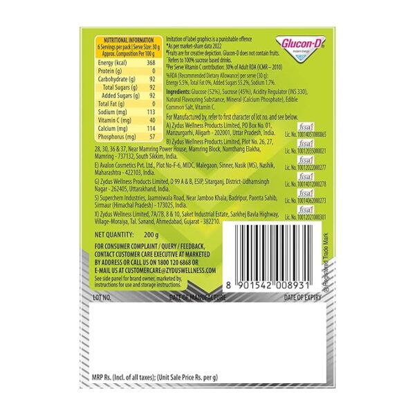 Glucon-D Nimbu Pani Glucose Powder(200g, Refill)| For Tasty Tangy Flavoured Glucose Drink| Provides Instant Energy| Vitamin C Support Immunity| Contains Calcium for Bone