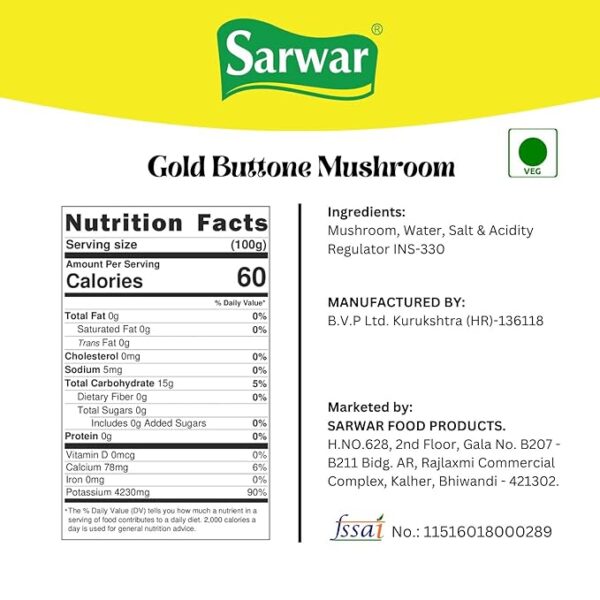 Sarwar Button Mushroom Gold, 800 gm ( Pack of 2)