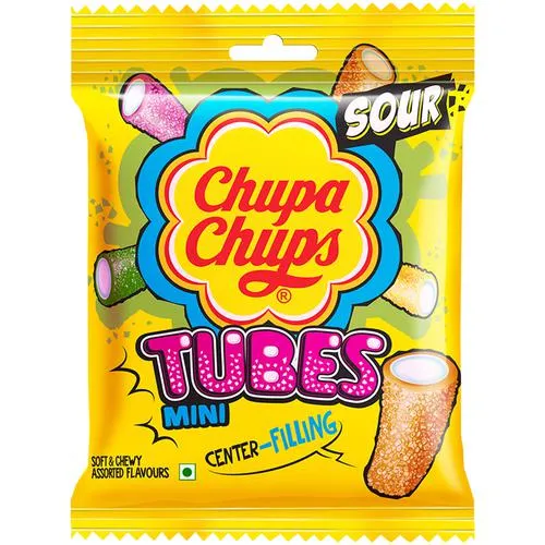 Chupa Chups Sour Mini Tubes Mixed Fruit Flavour Soft & Chewy Toffee, 61.6 g