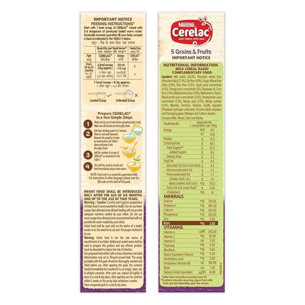 CERELAC Baby Cereal with Milk, 5 Grains & Fruits ,Stage 5, From 18 to 24 Months , Source of Iron & Protein ,Bag-In-Box Pack 300g